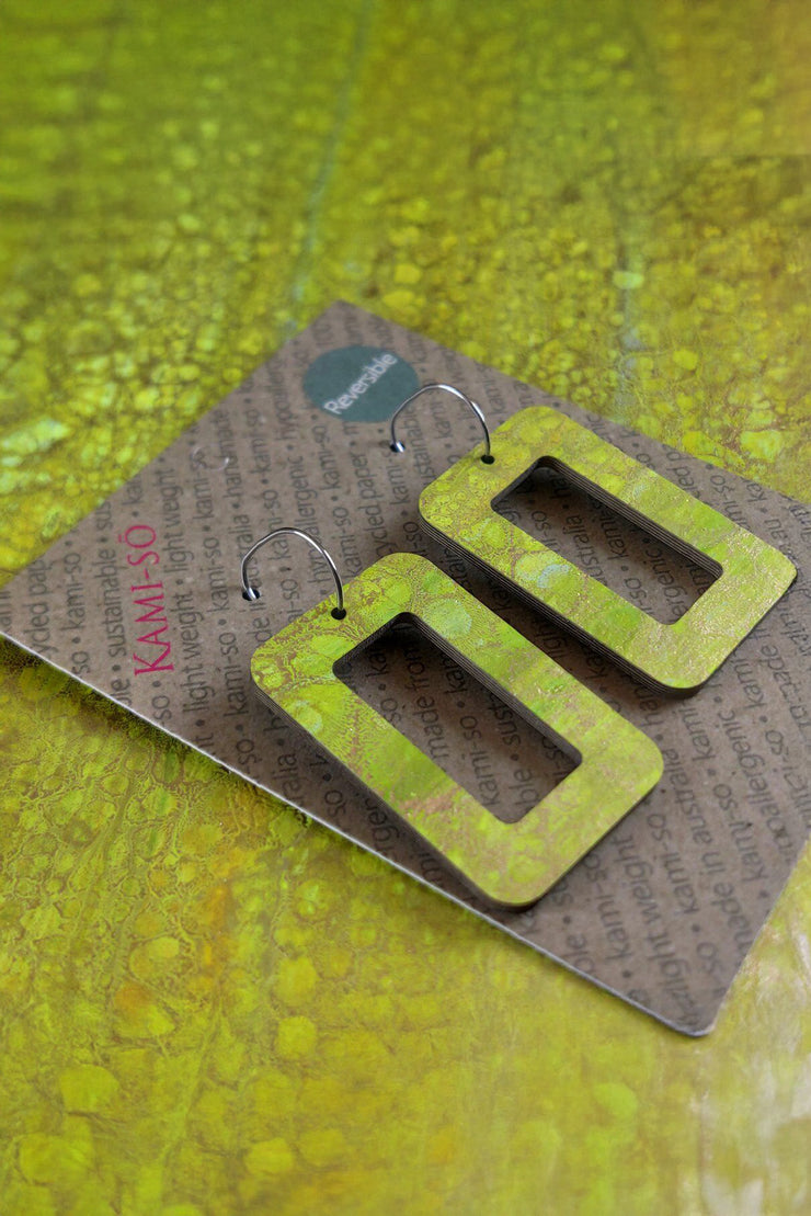Kami-so Reversible Rectangle Recycled Paper Earrings Citrine Crackle/Dark Blue Crackle