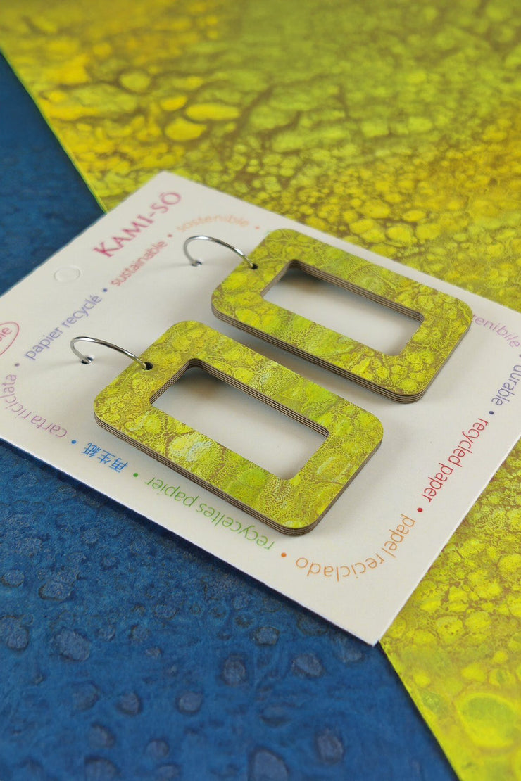 Kami-so Reversible Rectangle Recycled Paper Earrings Citrine Crackle/Dark Blue Crackle