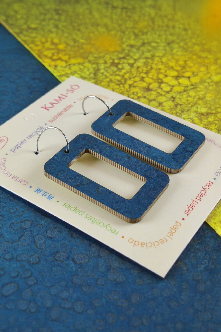 Kami-so Reversible Rectangle Recycled Paper Earrings Citrine Crackle/Dark Blue Crackle