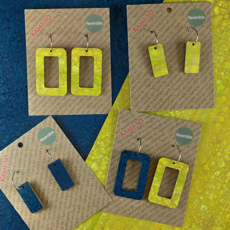 Kami-so Reversible Rectangle Recycled Paper Earrings Citrine Crackle/Dark Blue Crackle