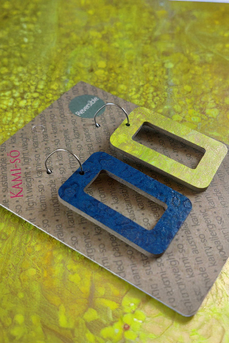 Kami-so Reversible Rectangle Recycled Paper Earrings Citrine Crackle/Dark Blue Crackle