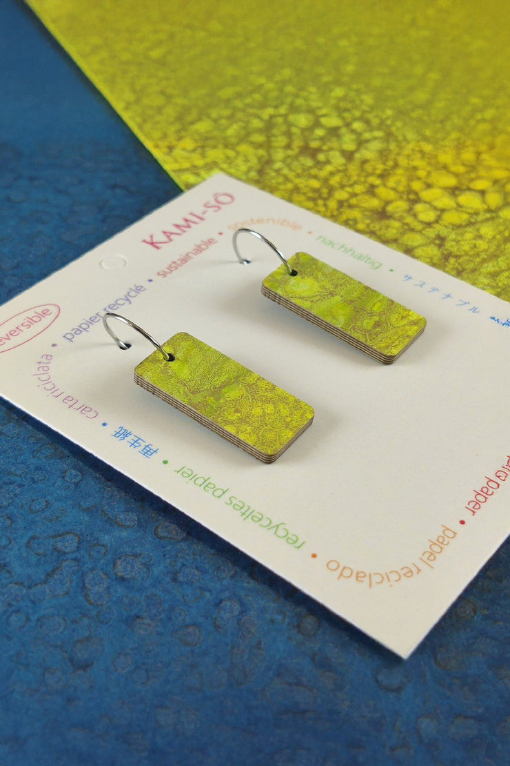 Kami-so Reversible Rectangle Recycled Paper Earrings Citrine Crackle/Dark Blue Crackle