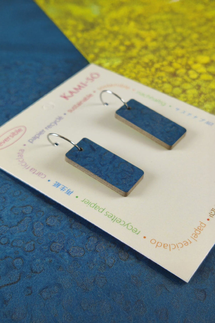 Kami-so Reversible Rectangle Recycled Paper Earrings Citrine Crackle/Dark Blue Crackle