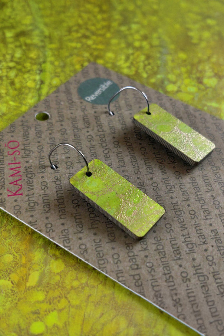 Kami-so Reversible Rectangle Recycled Paper Earrings Citrine Crackle/Dark Blue Crackle