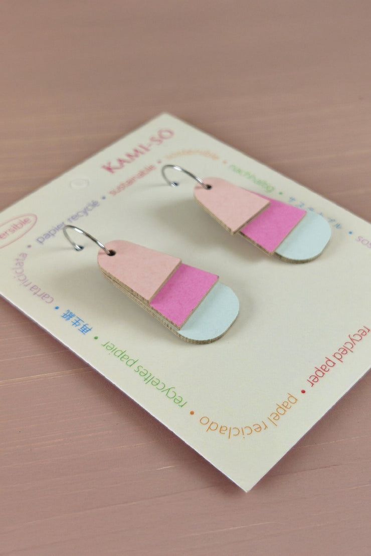 Kami-so Reverse-A-Tile Fan Triangle Recycled Paper Earrings - Gold & Apricot/Blush, Pink & Pale Blue
