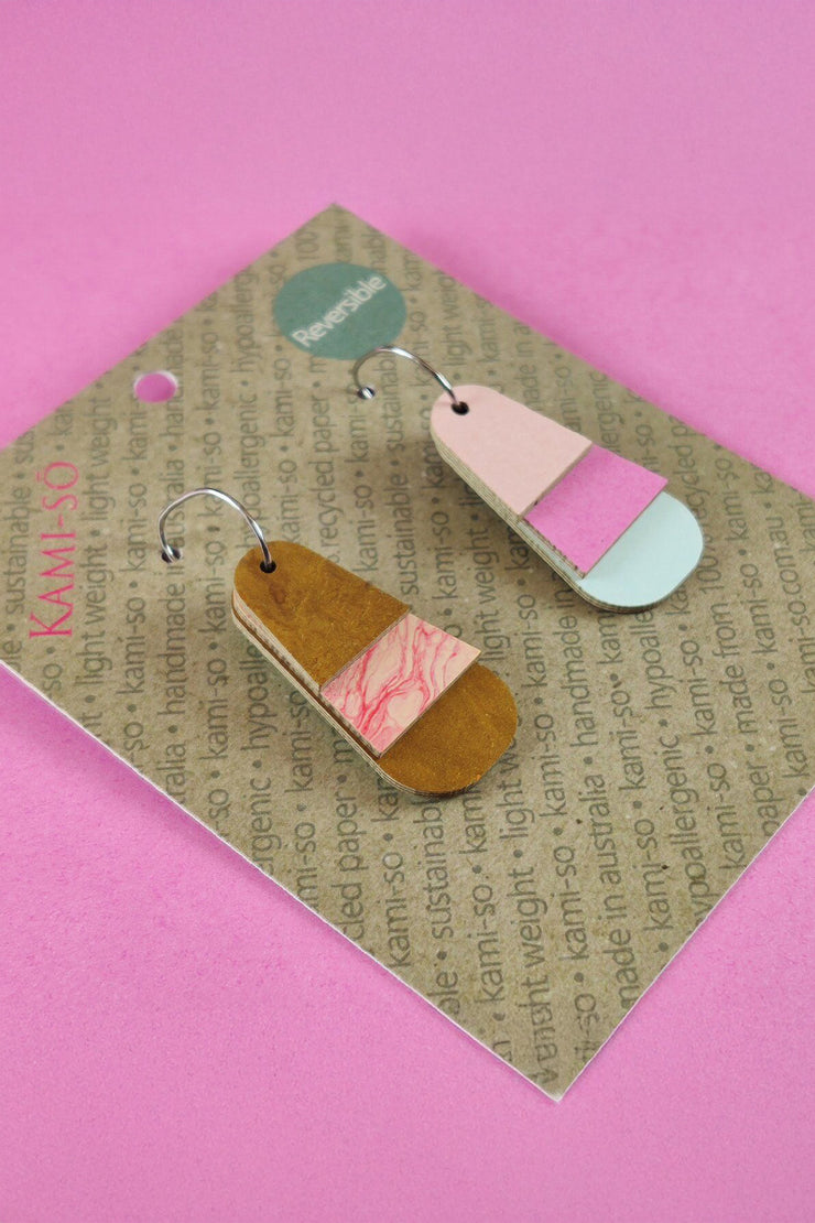 Kami-so Reverse-A-Tile Fan Triangle Recycled Paper Earrings - Gold & Apricot/Blush, Pink & Pale Blue