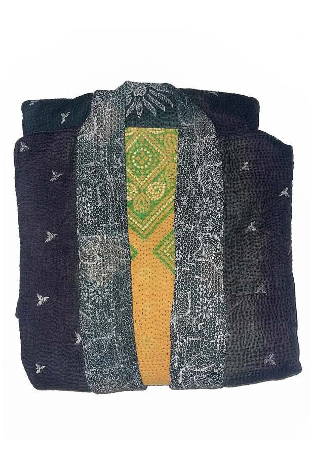 Kiitoslife Vintage Kantha Jacket One Size/Long Charcoal/Yellow/Green