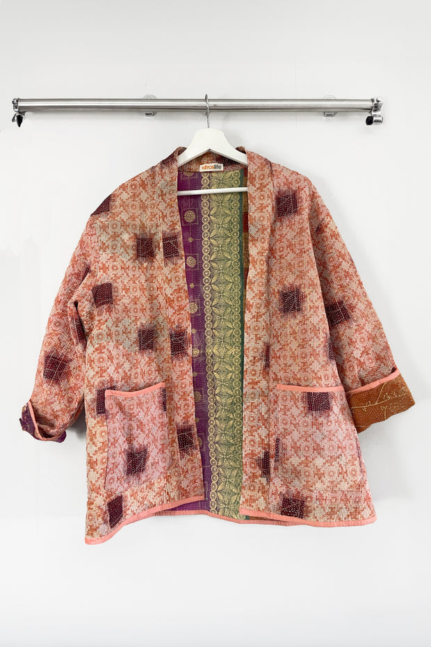 Kiitoslife Vintage Kantha Jacket One Size Short Peach/Pink/Burgundy/Rust