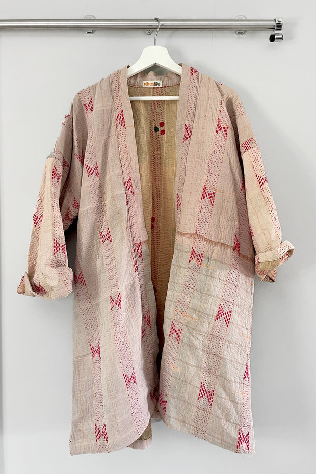 Kiitoslife Vintage Kantha Long Jacket One Size Pink/Beige