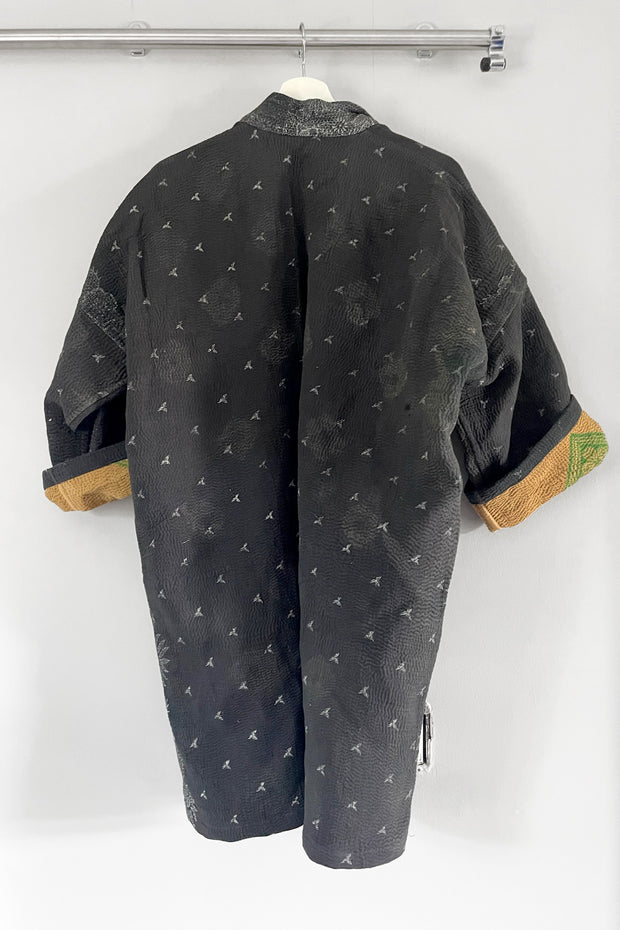 Kiitoslife Vintage Kantha Jacket One Size/Long Charcoal/Yellow/Green