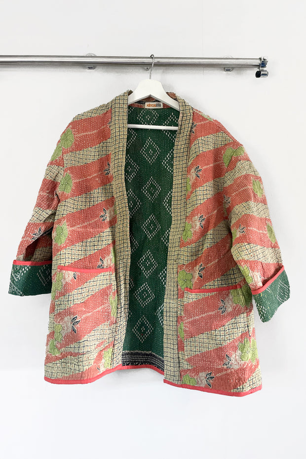 Kiitoslife Vintage Kantha Jacket One Size Short Coral/Green/Beige