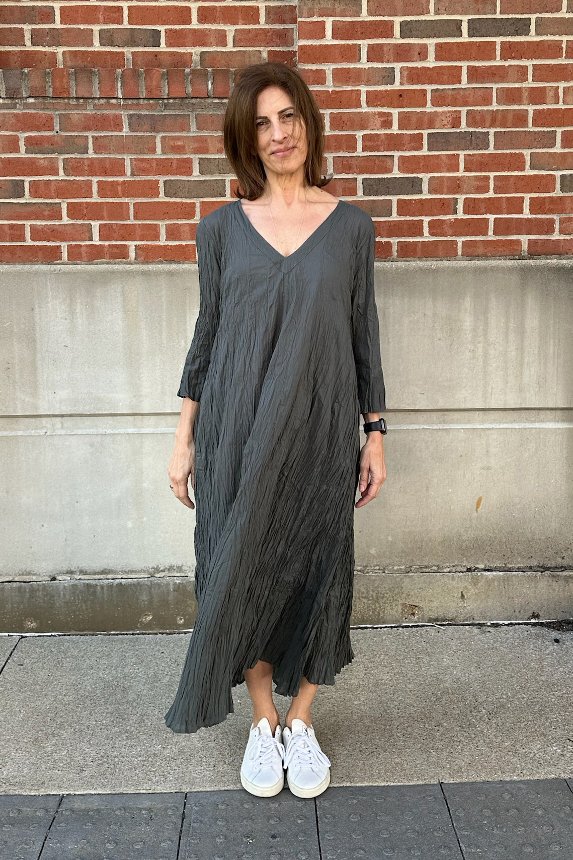 cotton crinkle dress Kiitoslife Mevlana Grey Organic V-neck Midnight sparkle Size:8P Thick thread stitching on CHANEL 9K$ New Paris