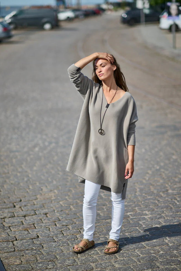 Henriette Steffensen Long V-Neck Fleece Blouse/Tunic Elephant | 1367