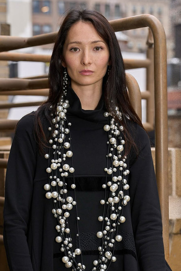 Jianhui London Large Faux Pearl Necklace on Textile Cord White/Black