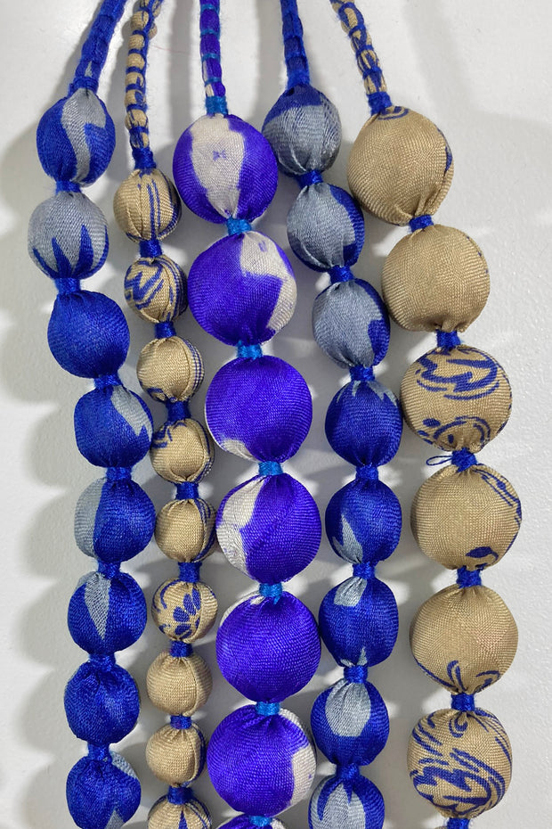 House of Wandering Silk Sari 5 Strand Necklace Blue/Tan