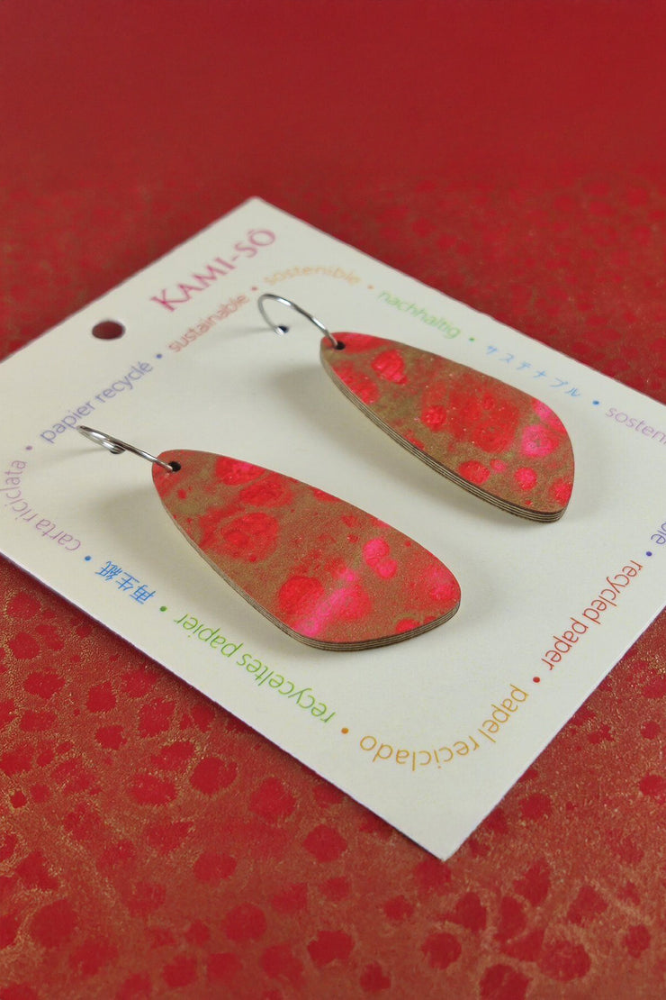 Kami-so Oval Recycled Paper Earrings - Red & Gold Crackle