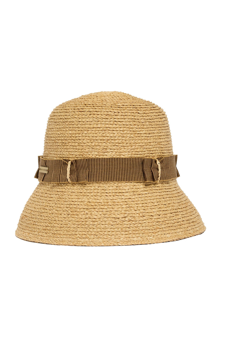 Beige straw hat with a brown ribbon on a white background
